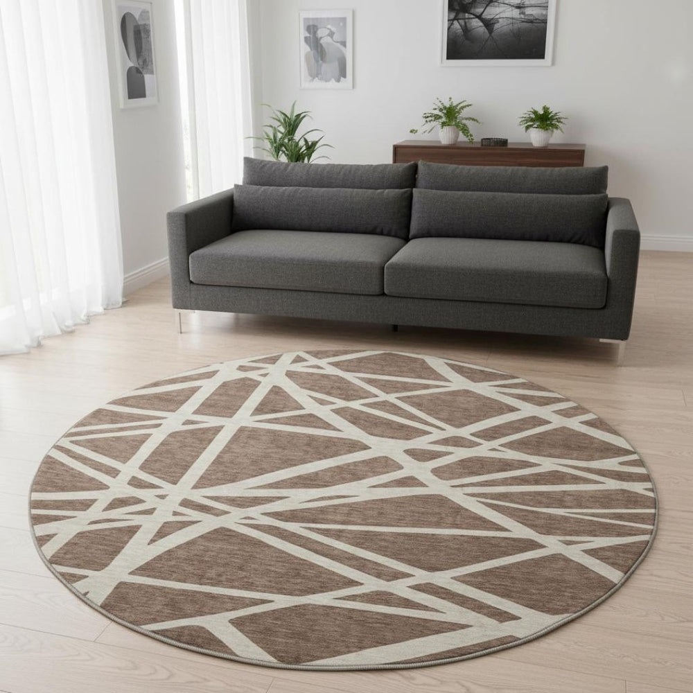 HomeRoots 8' Brown and Ivory Geometric Round Rug – Washable, UV-Protected, Stain-Resistant, Family-Friendly Décor 681578
