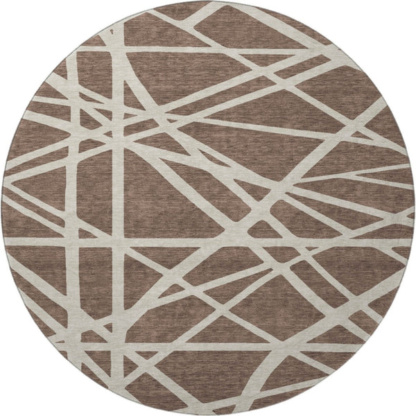 HomeRoots 8' Brown and Ivory Geometric Round Rug – Washable, UV-Protected, Stain-Resistant, Family-Friendly Décor 681578