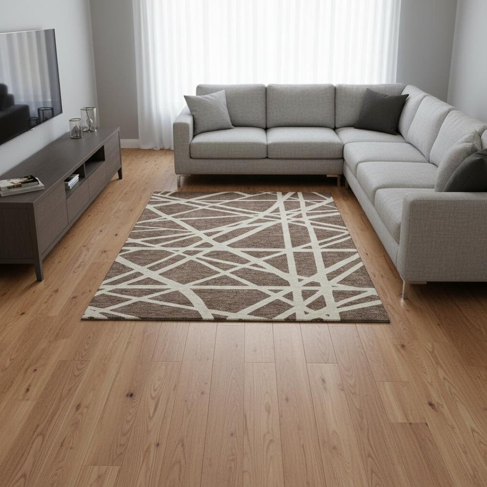 HomeRoots 8' X 10' Washable Brown & Ivory Geometric Area Rug with UV Protection - Perfect for High-Traffic Spaces! 681579