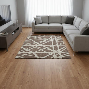 HomeRoots 8' X 10' Washable Brown & Ivory Geometric Area Rug with UV Protection - Perfect for High-Traffic Spaces! 681579