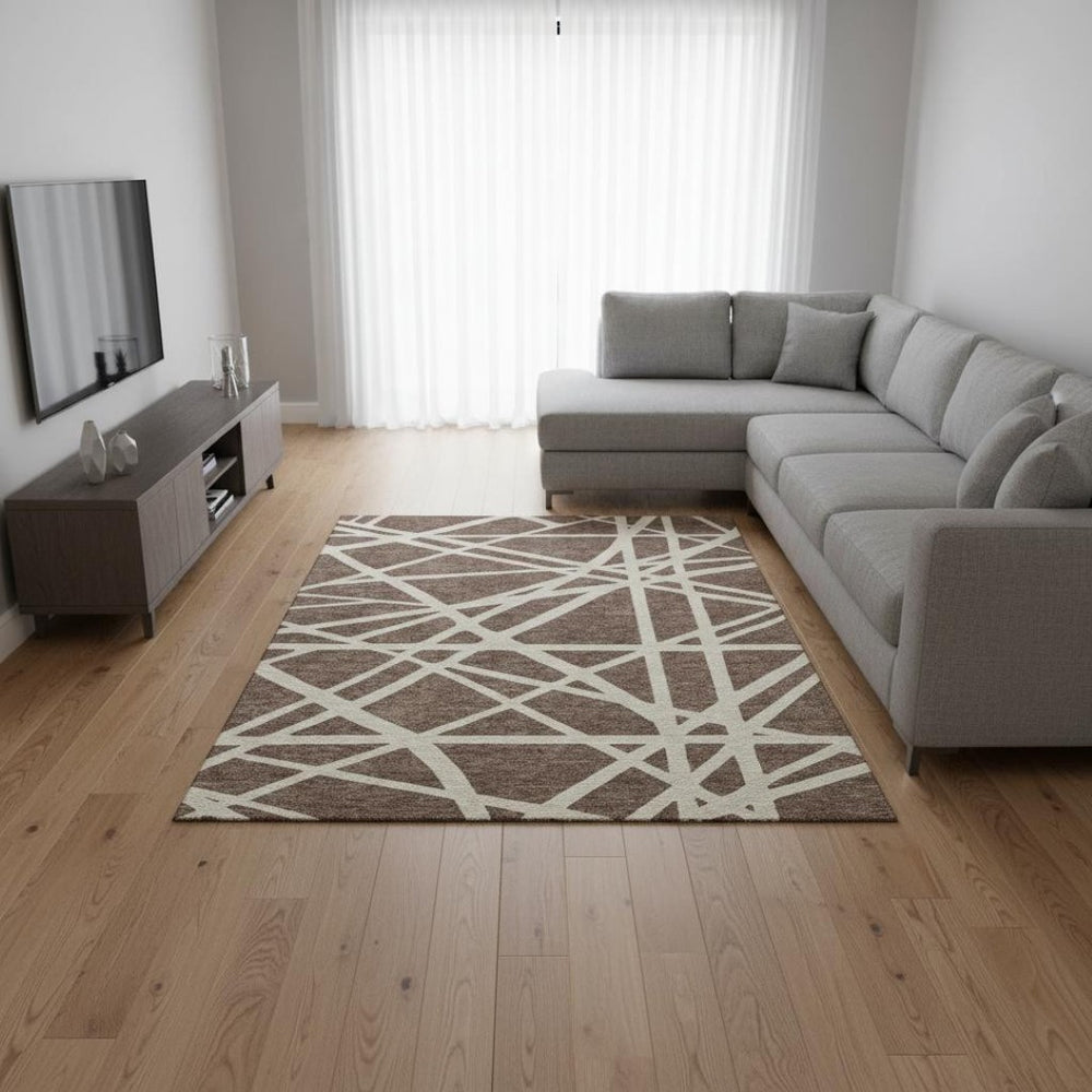 HomeRoots 9' X 12' Brown and Ivory Geometric Washable Area Rug – Durable, UV-Protected, Stylish & Easy-Clean! 681580