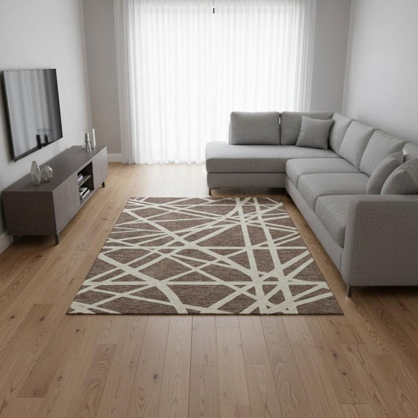 HomeRoots 9' X 12' Brown and Ivory Geometric Washable Area Rug – Durable, UV-Protected, Stylish & Easy-Clean! 681580