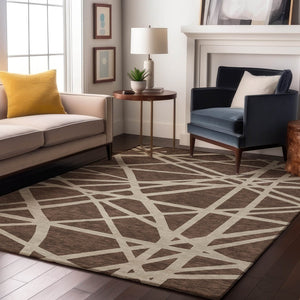 HomeRoots 9' X 12' Brown and Ivory Geometric Washable Area Rug – Durable, UV-Protected, Stylish & Easy-Clean! 681580