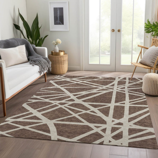 HomeRoots 9' X 12' Brown and Ivory Geometric Washable Area Rug – Durable, UV-Protected, Stylish & Easy-Clean! 681580