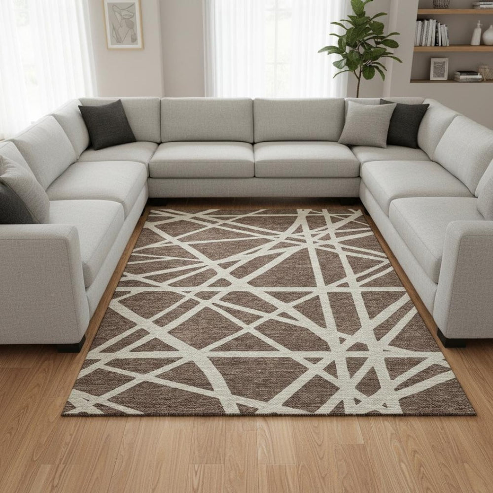 HomeRoots 10' X 14' Brown and Ivory Geometric Washable Area Rug - Stylish, Durable, UV Protected & Pet-Friendly! 681581
