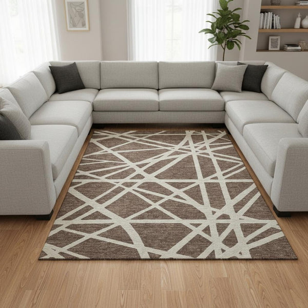 HomeRoots 10' X 14' Brown and Ivory Geometric Washable Area Rug - Stylish, Durable, UV Protected & Pet-Friendly! 681581