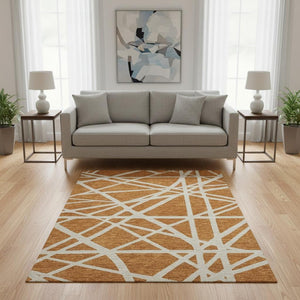 HomeRoots 5' X 8' Stylish Copper & Beige Geometric Area Rug - Washable, UV-Protected, Perfect for Homes! 681583