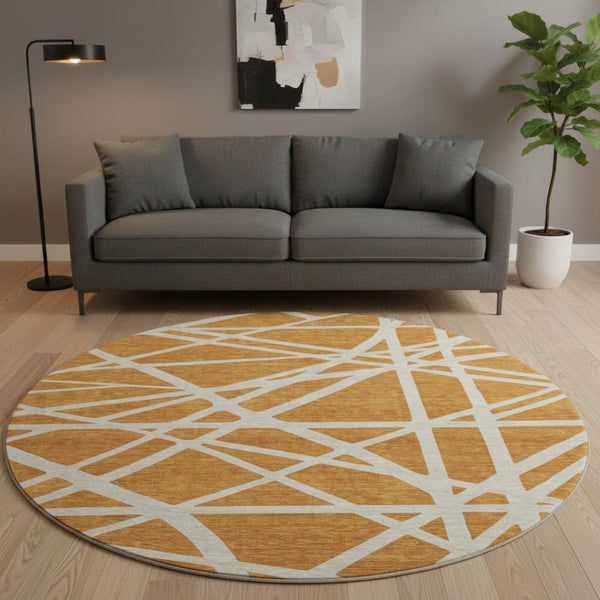 HomeRoots 8' Copper Geometric Round Rug - Washable, UV Protected, Stylish & Durable for High-Traffic Areas 681584