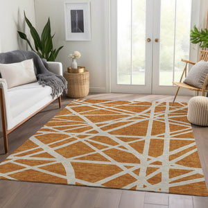 HomeRoots 8' X 10' Contemporary Copper & Beige Geometric Washable Area Rug with UV Protection for Homes 681585