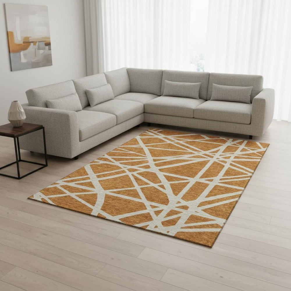 HomeRoots 9' X 12' Copper-Beige Geometric Washable Area Rug with UV Protection for Modern Living Spaces 681586