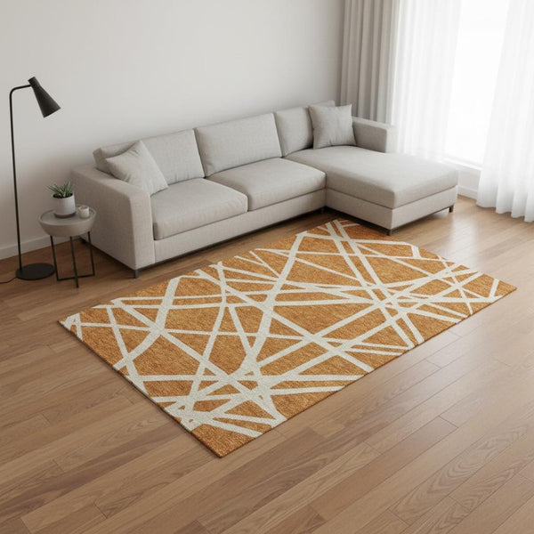 HomeRoots 10' X 14' Washable Copper & Beige Geometric Area Rug with UV Protection for Stylish Living Spaces 681587