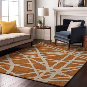 HomeRoots 10' X 14' Washable Copper & Beige Geometric Area Rug with UV Protection for Stylish Living Spaces 681587