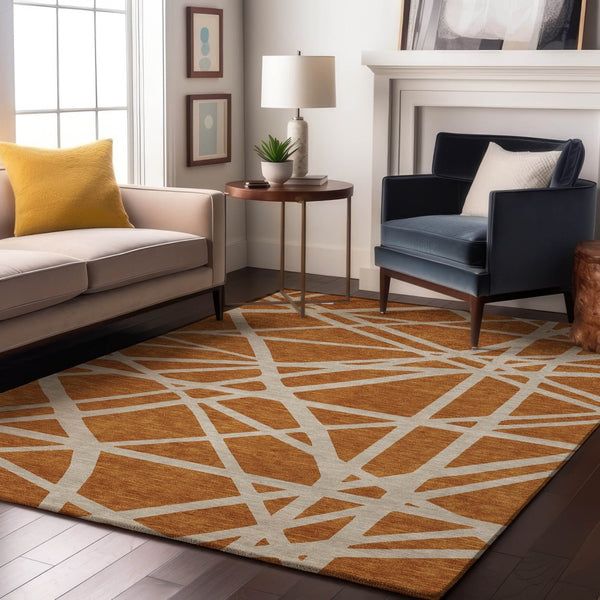 HomeRoots 10' X 14' Washable Copper & Beige Geometric Area Rug with UV Protection for Stylish Living Spaces 681587