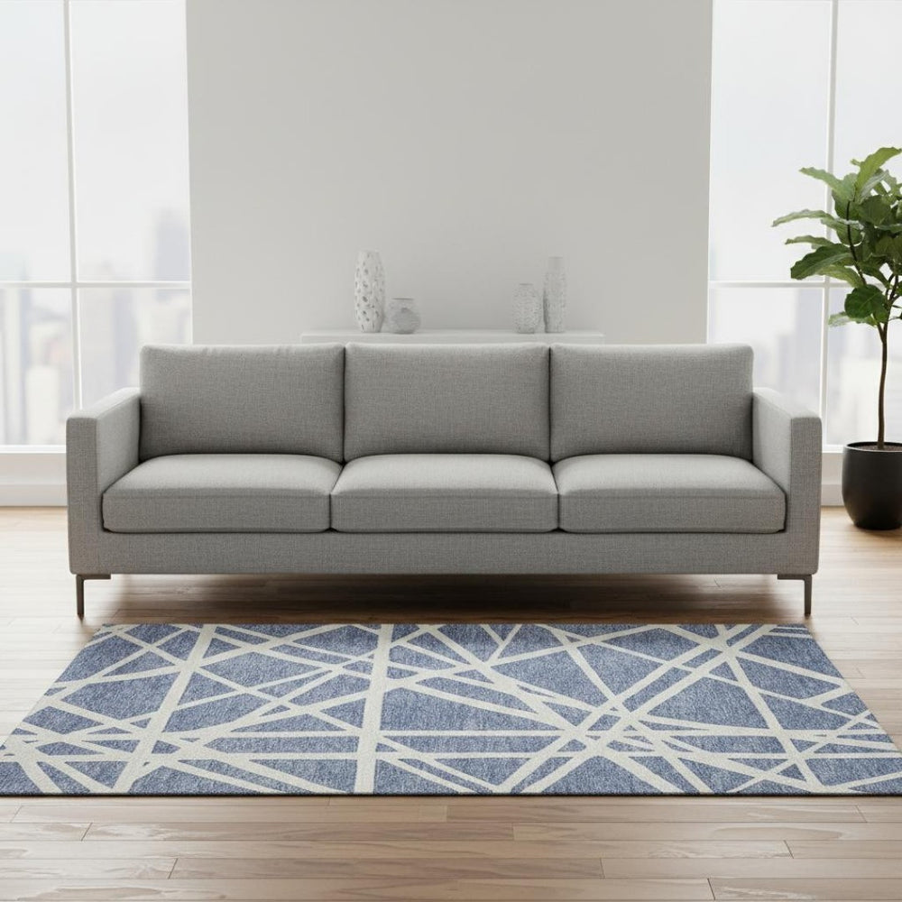 HomeRoots 5' X 8' Denim Blue & Ivory Geometric Area Rug - Washable, UV Protected, Stain Resistant for Homes 681589
