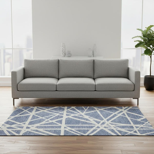 HomeRoots 5' X 8' Denim Blue & Ivory Geometric Area Rug - Washable, UV Protected, Stain Resistant for Homes 681589