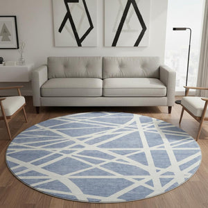 HomeRoots 8' Denim Blue Geometric Round Rug - Washable, UV Protected, and Perfect for High-Traffic Areas! 681590