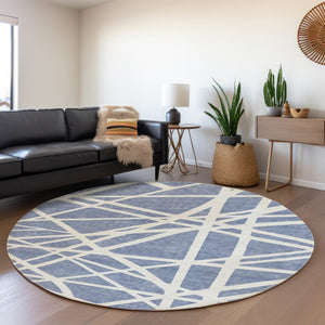 HomeRoots 8' Denim Blue Geometric Round Rug - Washable, UV Protected, and Perfect for High-Traffic Areas! 681590