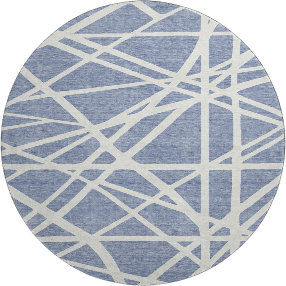 HomeRoots 8' Denim Blue Geometric Round Rug - Washable, UV Protected, and Perfect for High-Traffic Areas! 681590