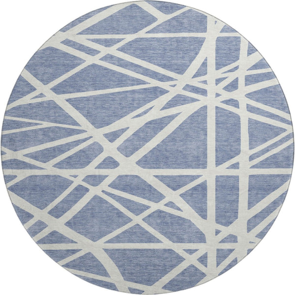HomeRoots 8' Denim Blue Geometric Round Rug - Washable, UV Protected, and Perfect for High-Traffic Areas! 681590