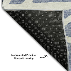 HomeRoots 8' Denim Blue Geometric Round Rug - Washable, UV Protected, and Perfect for High-Traffic Areas! 681590
