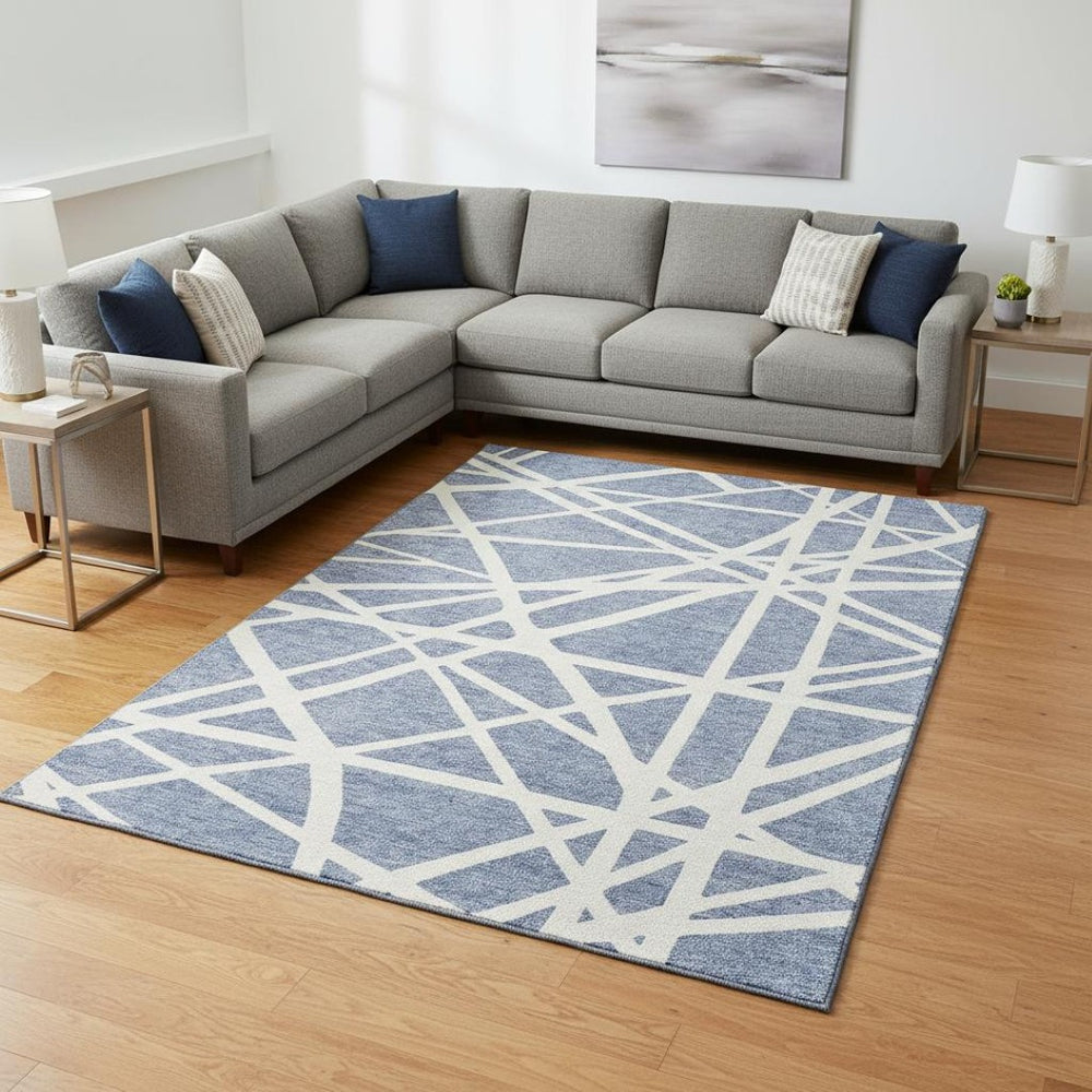 HomeRoots 8' X 10' Denim Blue Geometric Area Rug - Washable, UV Protected, Stain Resistant for Homes & Patios 681591