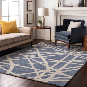 HomeRoots 8' X 10' Denim Blue Geometric Area Rug - Washable, UV Protected, Stain Resistant for Homes & Patios 681591