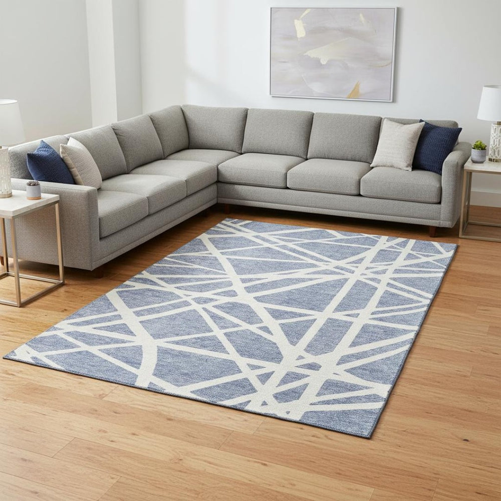 HomeRoots 10' X 14' Denim Blue & Ivory Geometric Washable Area Rug - Stylish, Stain-Resistant, UV-Protected! 681593