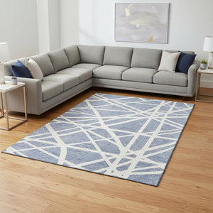 HomeRoots 10' X 14' Denim Blue & Ivory Geometric Washable Area Rug - Stylish, Stain-Resistant, UV-Protected! 681593