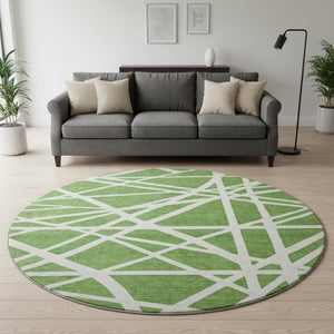 HomeRoots 8' Green and Ivory Geometric Round Rug - Washable, UV Protected, Stain Resistant for Busy Homes 681596