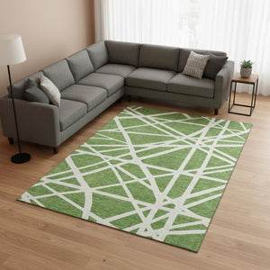HomeRoots 8' X 10' Green and Ivory Geometric Area Rug - Washable, UV Protected, Durable for High-Traffic Spaces 681597
