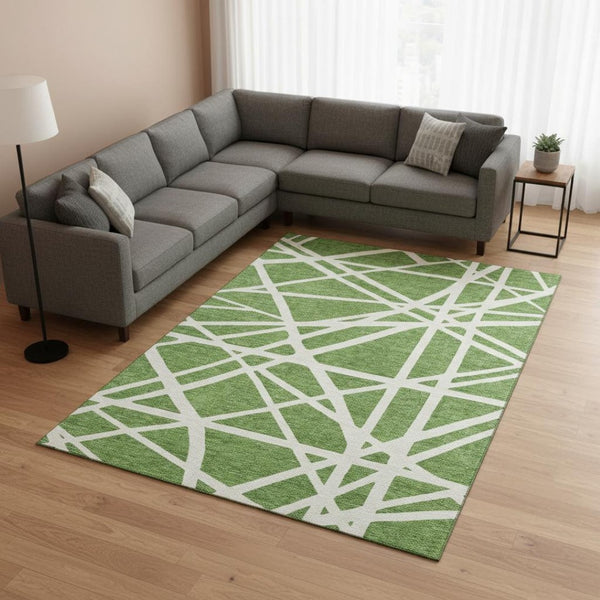 HomeRoots 8' X 10' Green and Ivory Geometric Area Rug - Washable, UV Protected, Durable for High-Traffic Spaces 681597