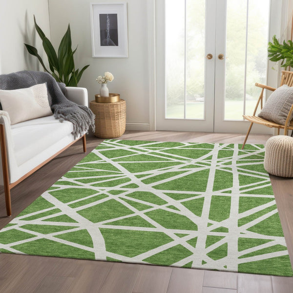 HomeRoots 8' X 10' Green and Ivory Geometric Area Rug - Washable, UV Protected, Durable for High-Traffic Spaces 681597