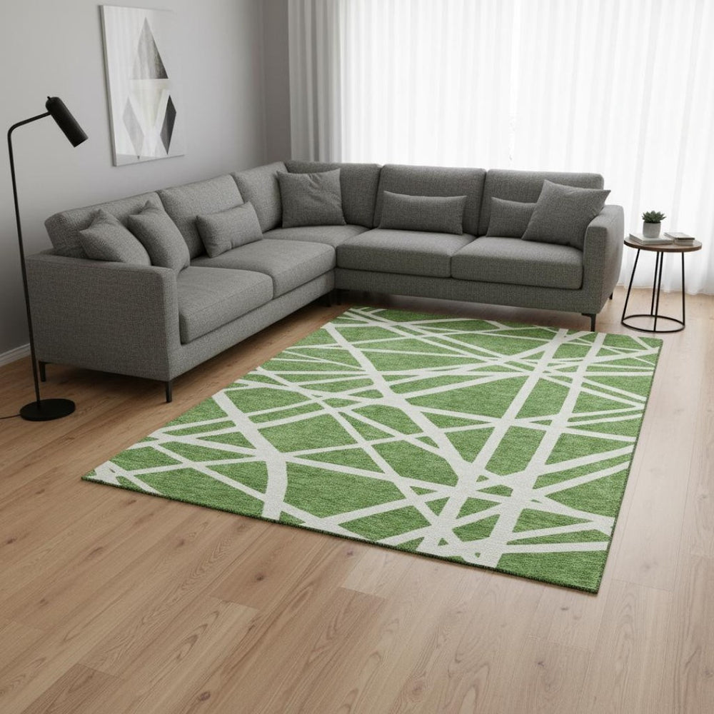 HomeRoots 9' X 12' Green & Ivory Geometric Area Rug - Washable, UV Protected, Stylish & Durable Floor Covering 681598