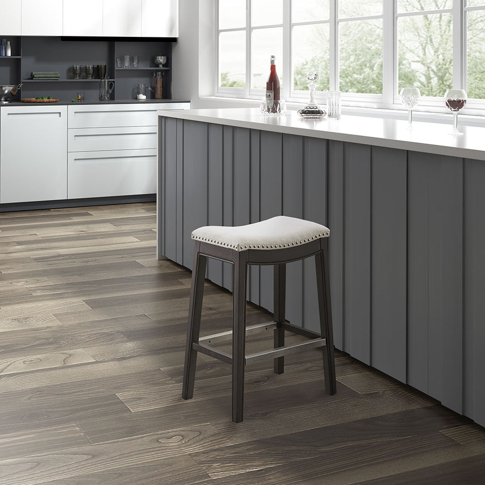 JLA Home Madison Park - Counter Stool with Cream Upholstery, Dark Grey Solid Wood Frame, Pewter Nailhead Trim & Metal Kickplate (27.36") MP104-1123