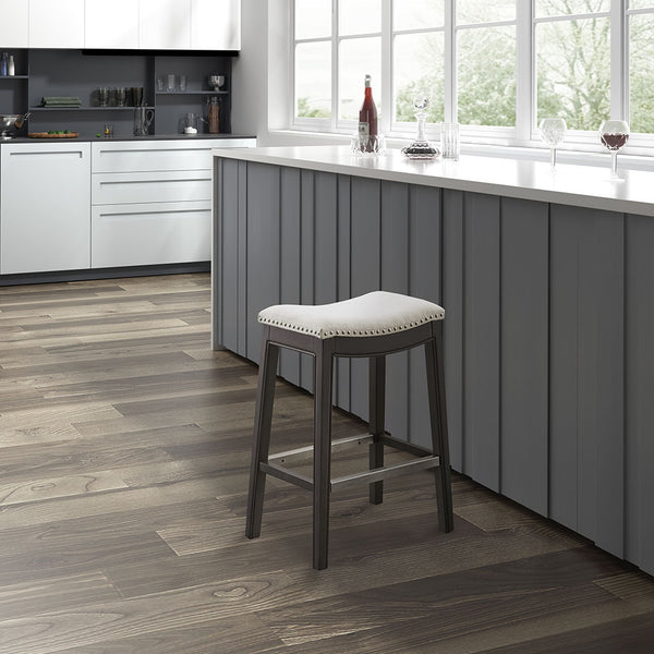 JLA Home Madison Park - Counter Stool with Cream Upholstery, Dark Grey Solid Wood Frame, Pewter Nailhead Trim & Metal Kickplate (27.36") MP104-1123