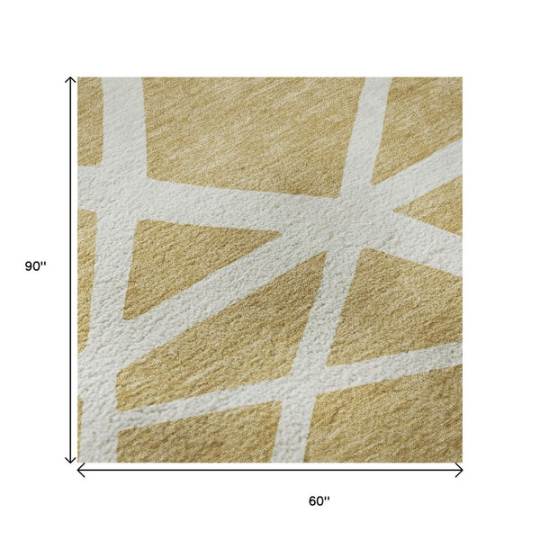 HomeRoots 5' X 8' Gold and Ivory Geometric Area Rug - Stylish, Washable, UV-Protected for Busy Homes & Pets 681601
