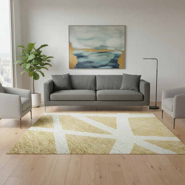 HomeRoots 5' X 8' Gold and Ivory Geometric Area Rug - Stylish, Washable, UV-Protected for Busy Homes & Pets 681601