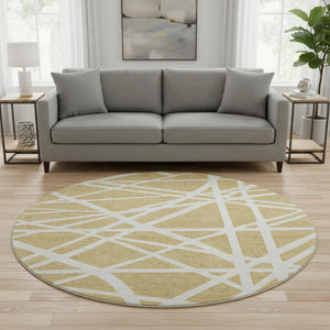 HomeRoots 8' Gold and Ivory Geometric Round Rug - Washable, UV-Protected, Stylish for Modern Living Spaces! 681602