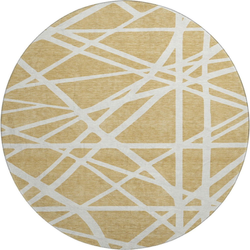 HomeRoots 8' Gold and Ivory Geometric Round Rug - Washable, UV-Protected, Stylish for Modern Living Spaces! 681602