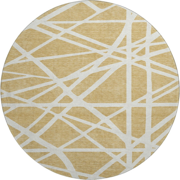 HomeRoots 8' Gold and Ivory Geometric Round Rug - Washable, UV-Protected, Stylish for Modern Living Spaces! 681602