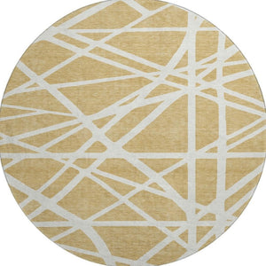 HomeRoots 8' Gold and Ivory Geometric Round Rug - Washable, UV-Protected, Stylish for Modern Living Spaces! 681602