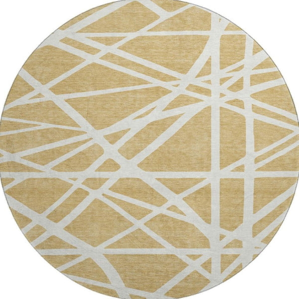 HomeRoots 8' Gold and Ivory Geometric Round Rug - Washable, UV-Protected, Stylish for Modern Living Spaces! 681602