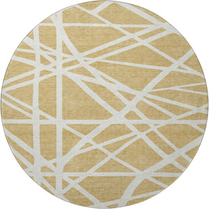 HomeRoots 8' Gold and Ivory Geometric Round Rug - Washable, UV-Protected, Stylish for Modern Living Spaces! 681602