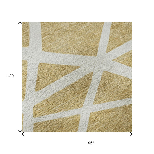 HomeRoots 8' X 10' Gold and Ivory Geometric Area Rug - Washable, UV Protected, Durable & Stylish for Any Room 681603