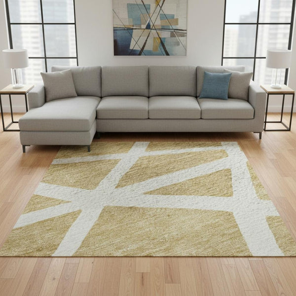 HomeRoots 8' X 10' Gold and Ivory Geometric Area Rug - Washable, UV Protected, Durable & Stylish for Any Room 681603