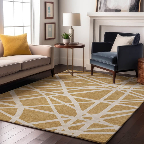 HomeRoots 9' X 12' Gold and Ivory Geometric Area Rug – Washable, UV-Protected, Durable for High-Traffic Homes 681604