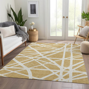 HomeRoots 9' X 12' Gold and Ivory Geometric Area Rug – Washable, UV-Protected, Durable for High-Traffic Homes 681604
