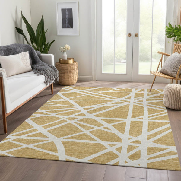 HomeRoots 9' X 12' Gold and Ivory Geometric Area Rug – Washable, UV-Protected, Durable for High-Traffic Homes 681604