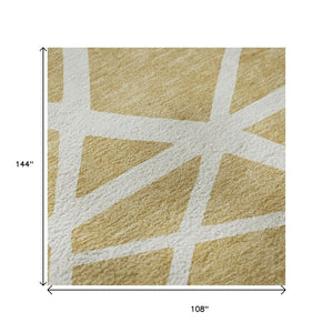 HomeRoots 9' X 12' Gold and Ivory Geometric Area Rug – Washable, UV-Protected, Durable for High-Traffic Homes 681604