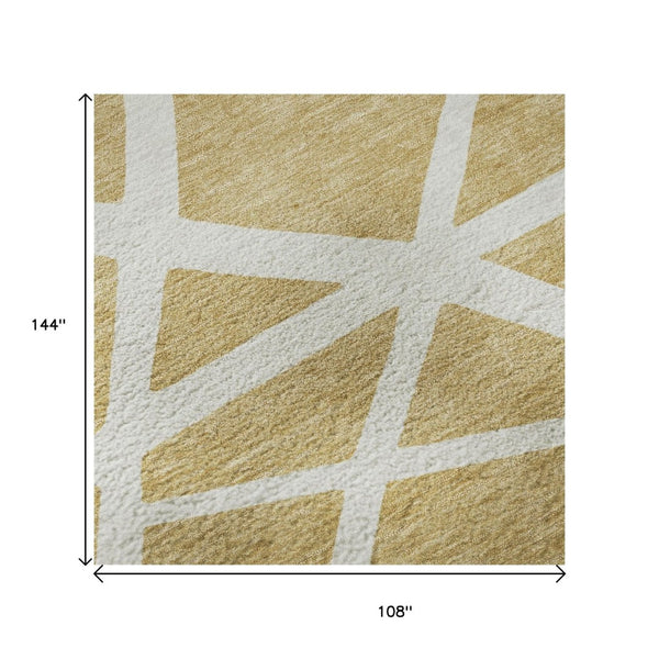HomeRoots 9' X 12' Gold and Ivory Geometric Area Rug – Washable, UV-Protected, Durable for High-Traffic Homes 681604